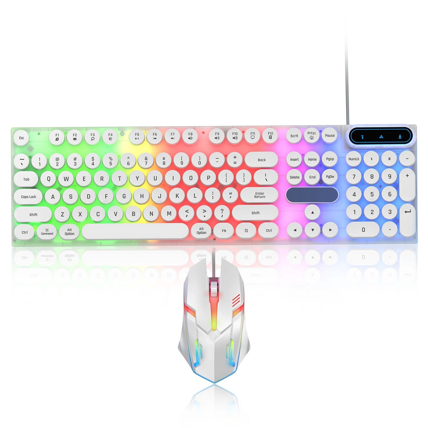 Gaming Keyboard and Mouse, Rainbow Backlit USB Wired Computer Mouse and Keyboard Combo, for Game, Office, White